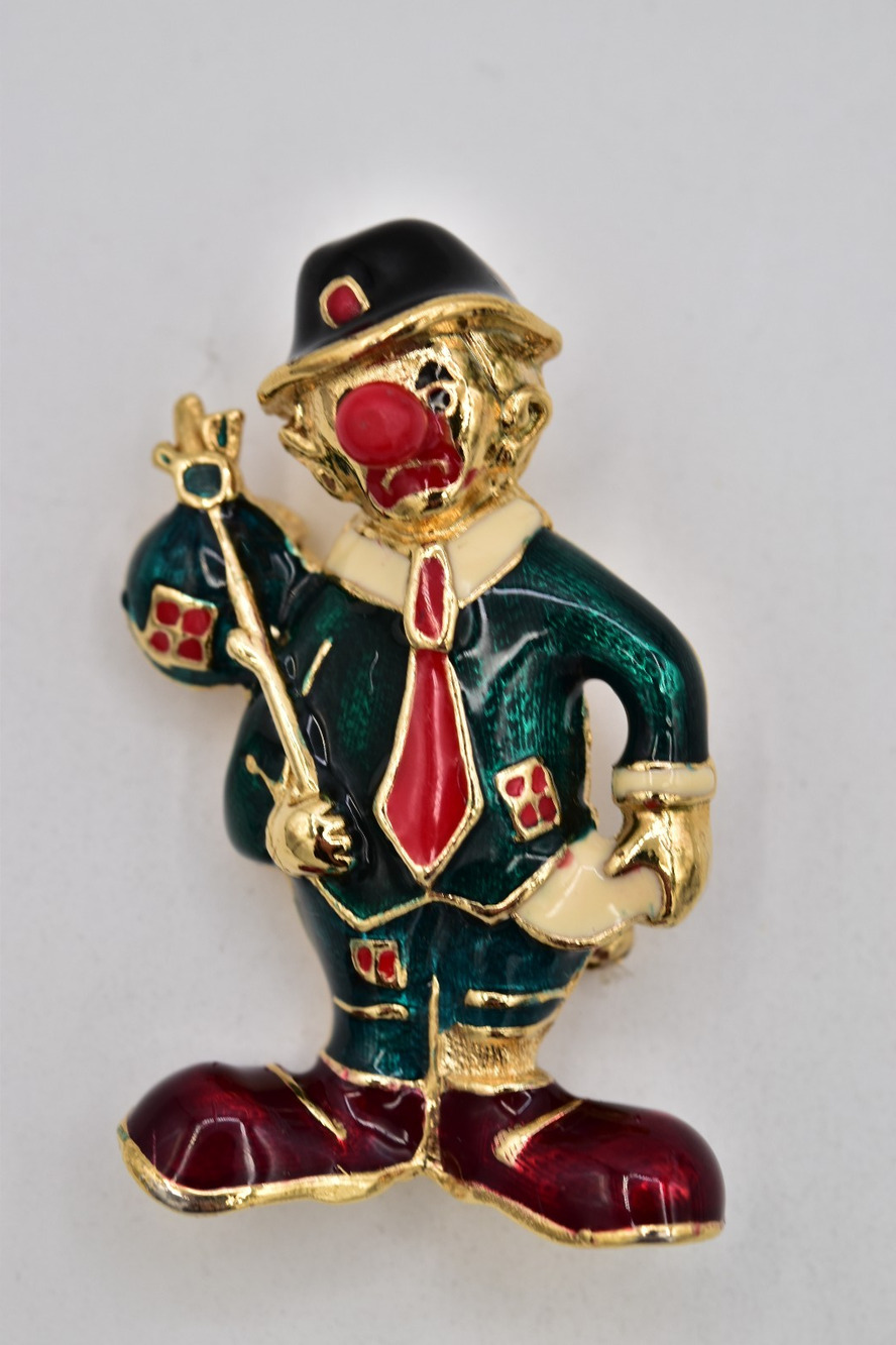 Vintage NOS Enamel Hobo Clown Bindle Brooch Gold Figural Pin Circus Green 1980s